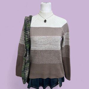 brown cream striped girly preppy granola mock neck sweater top